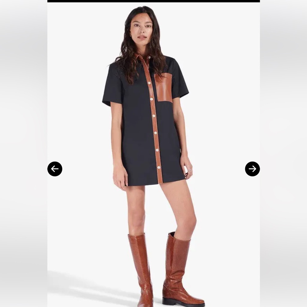 Staud Switch Dress White Cotton Button-Down Shirtdress With Faux Leather Trim